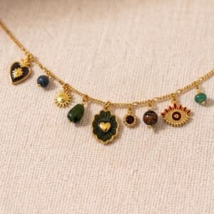 Collier multi pampilles coeur kaki