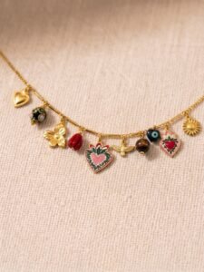 Collier multi pampilles rose vert blanc
