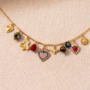 Collier multi pampilles rose vert blanc