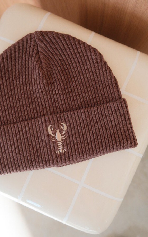 Bonnet marin chocolat Breizh Club avec homard brodé sur le revers, vu de face.